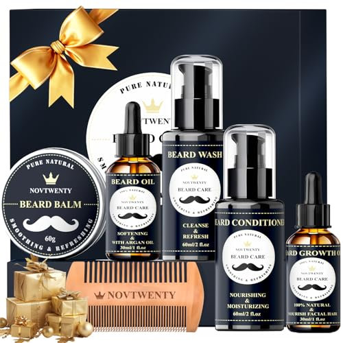 NOVTWENTY Bartwuchsset - 7-teiliges Bartpflegeset für Männer, inkl. Bartwäsche, Bartöl und Bartwuchsöl, Bartspülung, Bartbalsam, Bartkamm, Geschenkbox-Set für Freund, Ehemann, Vater