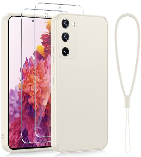 Viojrlra Protection Complète Silicone Coque pour Samsung Galaxy S20 FE(5G)/S20 Lite/S20 Fan Edition 6,5 avec 2 Pièces Verre Trempé, Housse Fine Antirayures étui pour Samsung S20 FE Con Cordon, Blanc