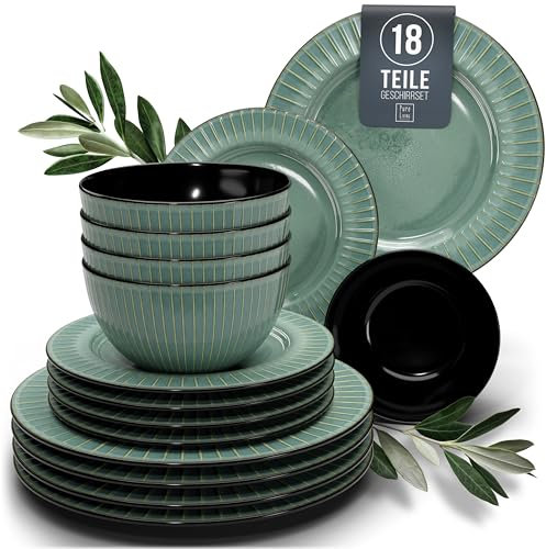 Steingut Geschirrset 6 Pers. Tokyo 18-tlg Hochwertiges Asia-Style TEST SEHR GUT Steingut Geschirr Set - Schüssel- und Teller Set - Tafelservice 6 Personen Geschirrsets Pure Living in Grün