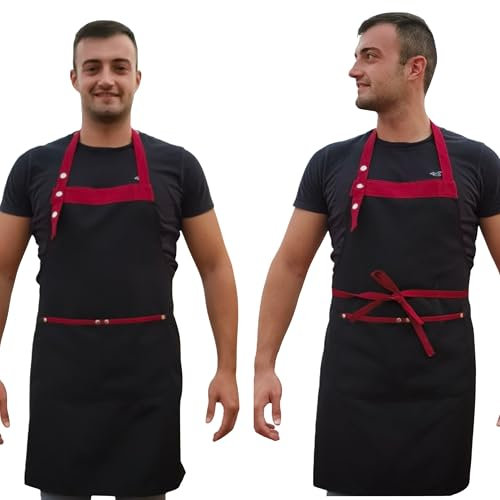 XChef Delantal hombre, delantal mujer. Pack 2 unidades. Bicolor, 2 bolsillos. Sujección corchetes (NEGRO - ROJO)