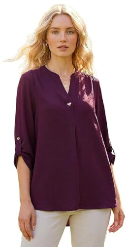 Roman Originals Shirt for Women UK Ladies Longline Top Collarless Blouse Smart Tunic Casual Evening Relaxed Fit 3/4 Length Sleeve Notch V Neck Long - Plain Purple - Size 18