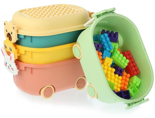 Wensdr 4 Packs Cartoon Toy Storage Bin Box with Lid,Plastic Stackable Containers Car Shape Toy Storage Organizer Box (10.4x6.9x5.7 in)