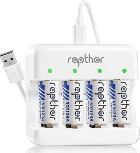 Rapthor 3.7V 750mAh Rechargeable Batteries 4 Pack and Charger Compatible with Arlo Wireless Security Cameras VMC3030 VMK3200 VMS3330 3430 3530,Flashlight,Polaroid Microphone,Replacement 123 Batteries