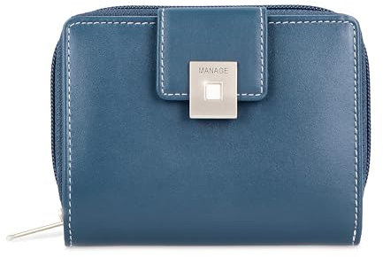 MANAGE Premium Geldbörse Damen Blau - RFID NFC Schutz - Geräumiges Echtleder Portemonnaie Frauen mittelgroß - Leder Geldbeutel viele Fächer mit Reißverschluss (Blau)