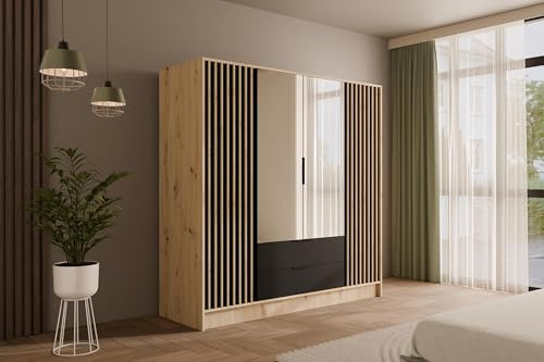 ALTDECOR Kleiderschrank mit Spiegel und selbstschließenden Lamellentüren, Lamellen, Flügeltüren - Nelia - 200 cm Artisan/Schwarz/Artisan