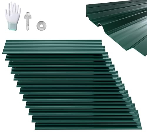 Froadp 12x Dachblech Trapezblech 129,5 x 45 cm, 7 m² Verzinkt Wellblechplatten, Stahl Profilblech für Carport Gerätehaus, inkl. Schrauben und Handschuhe, Grün