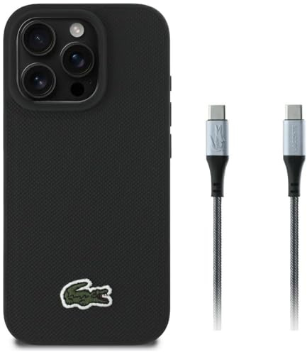 CG MOBILE Lacoste 2in1 Hülle + USB-C-Kabel Iconic Petit Pique Woven kompatibel mit MagSafe für iPhone 16 Pro Max (Schwarz)