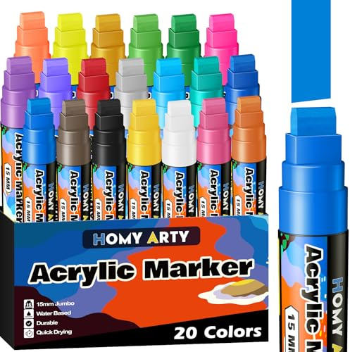 HOMY ARTY 15mm Acrylstifte Breit, 20 Farben 3-in-1 Permanent Acrylfarben Stift, Wasserfeste Farbstifte Stift für Steine, Schilder, Glas und Gemälde im Freien, Schnelltrocknend Acrylstifte Dicke Spitze
