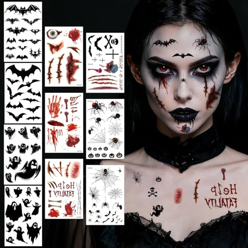 10 Fogli Tatuaggi di Halloween Scar, Halloween Zombie Scars Tatuaggi Adesivi, Zombie Cicatrice Finta Adesivi Tatuaggi Falsi Temporanei Trucco Props per Scherzi Halloweens