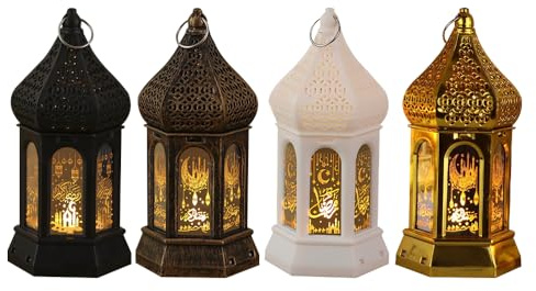 KUWUNG Ramadan Laterne, 4 Stück Ramadan Deko Lampe mit Warmweiß LED Licht, Eid Mubarak Laterne Mond Stern Dekoration, Ramadan Dekoration Laterne für Islamische Muslimische Festival Dekorative