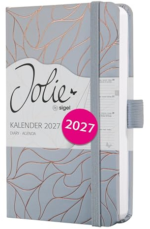 SIGEL Jolie Wochenkalender 2027 A6 hellgrau gold Hardcover | 7J364, Mit Gummiband, Stiftschlaufe, Einstecktasche, 174 Seiten, vegan, Buchkalender, Taschenkalender
