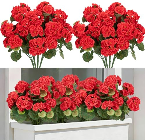 Laelfe 8 Pezzi Gerani Rossi Finti da Esterno | Fiori Finti Artificiali Geranio per Esterno Balcone Patio Cimitero Sospensione di Fioriere Decorazione per Tavolo