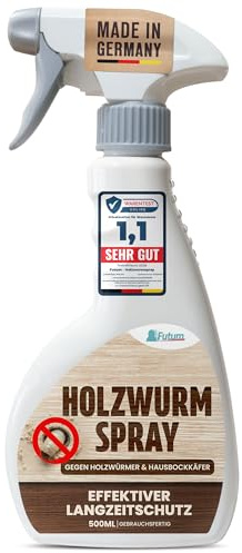 Futum Holzwurmspray 500 ml - Mittel zur Abwehr von Holzwürmern & Hausbockkäfer - Effektives Abwehrmittel - Holzwurm vertreiben - Spray mit Sofort- & Langzeitschutz - Holzwurmabwehr Innen & Außen
