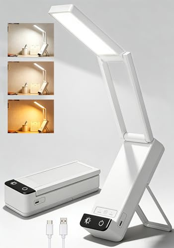 EZVALO Rechargeable Desk Lamp, 6000mAh Wireless Lamp with 3 Colour Temperatures, Dimmable Foldable LED Reading Light, Portable Cordless Lamp for Nail Art, Bedside, Crafting & Power Cuts (1, White)