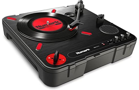 Numark PT01 | Tocadiscos portátil con interruptor integrado, altavoces dj Scratch, los arañazos y asa de transporte