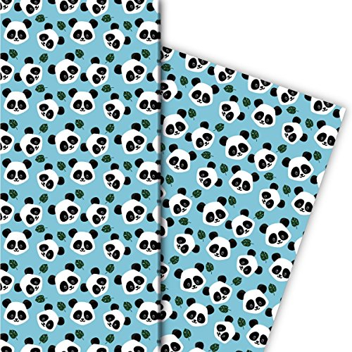 Fröhliches Geburtstags Geschenkpapier Set (4 Bogen) | Dekorpapier mit Pandas für liebe Geschenkverpackung zur Taufe, Geburt, Ostern, Geburtstag, Hochzeit, Weihnachten 32 x 48cm, hellblau
