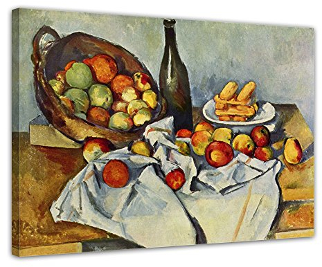 Bilderdepot24 Bild auf Leinwand | Paul Cézanne - Stillleben mit Flasche und Apfelkorb in 70x50 cm als Wandbild | Wand-deko Dekoration Wohnung alte Meister | NEU-180215-70x50-smf