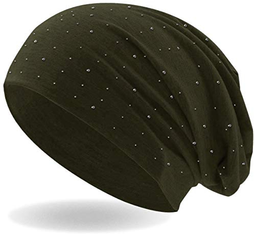 Hatstar Damen Beanie Mütze | mit edler Strass Nieten Applikation | Mädchen Mütze | elastisches Slouch Long Beanie | leicht und weich (Oliv)