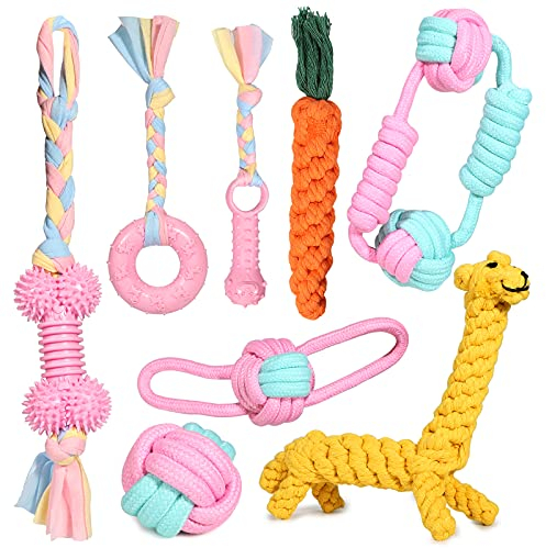 Welpenspielzeug Hundespielzeug Set - 8 STK Langlebiges Hundespielzeug Kauspielzeug Natürlicher Baumwolle ungiftig Zahnreinigung Hundespielzeug-Seil für Welpen/kleine, mittelgroße und größere Hunde