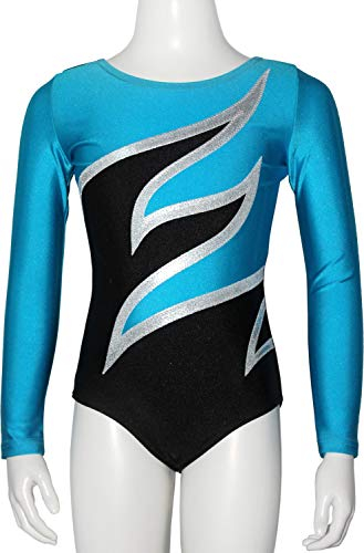 Turnanzug Plamak Spezial Glanz Lycra Mädchen Gymnastikanzug langarm Kinder Turnbody langärmlich Farbe Schwarz/Weiß/Türkis, Größe 152