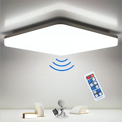 LED Deckenleuchte mit Radar Bewegungsmelder, 24W Deckenlampe mit Fernbedienung, 4000K Lampe mit Bewegungsmelder innen, IP54 Sensorlampe für Bad Flur Balkon Garage Keller Treppen, 28x4.8cm