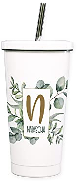 GRAZDesign Cocktailbecher mehrweg mit Deckel, personalisiert mit Namen und Buchstabe, Eukalyptus, Trinkbecher mit Trinkhalm aus Edelstahl, ideal als Geschenk