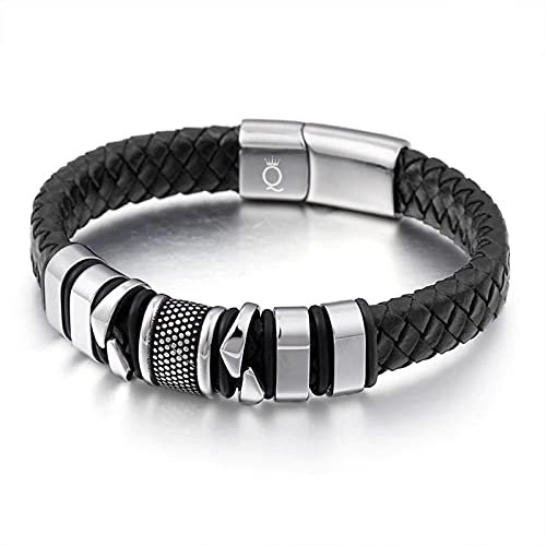 UNIQAL | Lederarmband Herren Premium Style Mens Bracelet | Gratis Geschenk Box | Echtleder, Edelstahl (MAMBA SILVER, 19.00, Zentimeter)