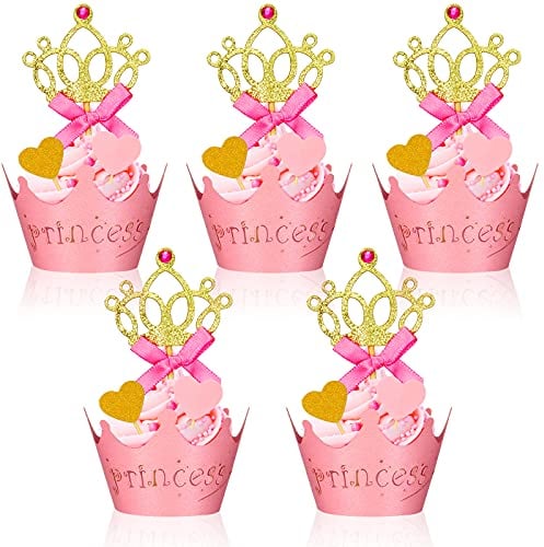 72 Pieces Glittery Princess Cupcake Toppers Crown Cupcake Wrapper Holder Pink Gold Crown Tiara Cupcake Pick Glitter Heart Cupcake Topper Baby Shower Cupcake Decoration for Birthday Wedding Party Decor