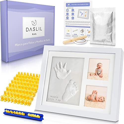 DASLIL Kit Marco de Fotos para Huellas de Manos y Pies en Arcilla para Bebes Recién Nacidos Niño y Niña con Nombre Personalizado- Regalo Original para Mamas Embarazadas- No se Agrieta al Secar