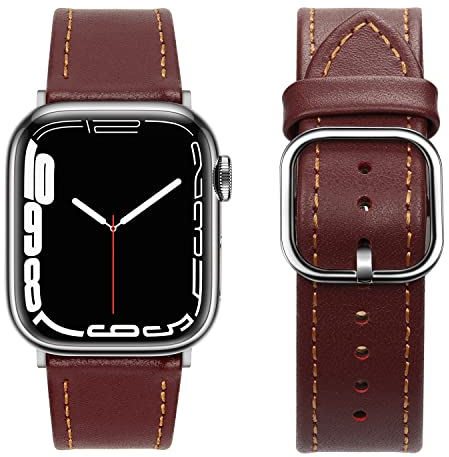 Tasikar Compatible with Apple Watch Strap 49mm 45mm 44mm 42mm 41mm 40mm 38mm, Leather Band with Square Buckle Compatible for Apple Watch Ultra Series 8 7 6 5 4 3 2 1 SE (42/44/45/49mmmm, Wine Red)