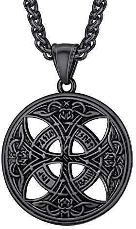 U7 Runde Medaille mit Keltischem Kreuz für Herren Damen Schwarz Wikinger Anhänger Halskette Vintage Nordische Amulett Kette Modeschmuck Accessoire