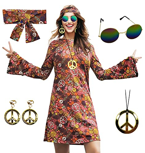 MRYUWB 70er-Hippie-Kleid-Kostüm für Damen, mit Halskette, Ohrringe, Sonnenbrille, Disco-Kostüm, 60er-Party-Kostüm, Halloween Retro-Kleider (Braun, M)