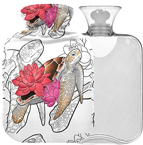 Naanle Wärmflasche mit Bezug Lotusblume Schildkröte Transparente Warme Wasserflasche 1L Wärmbeutel für Bett Hand Füße Wärmer Schmerzlinderung Warm- und Kältetherapie