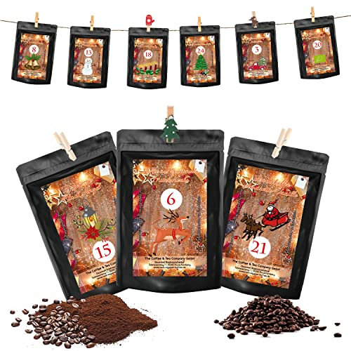 C&T Kaffee Adventskalender 2025 Ganze Bohnen zum Aufhängen | 24 Päckchen à 30g hochwertige Kaffees aus aller Welt | Exklusiver Weihnachts-Kalender mit Leine und Holzklammern