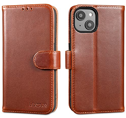 LENSUN Echtleder Hülle für iPhone 14, Leder Handyhülle [Kartenfach][Magnetverschluss][RFID Schutz] Handytasche Echtes Lederhülle für iPhone 14 5G - Dunkelbraun