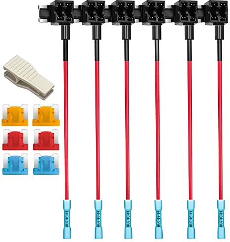 Gebildet 6Stück 12V 24V Low Profile MINI Add-a-Circuit Sicherungshahn mit Schrumpfklemmen, Mini Piggy Back Flachsicherungshalter, 6Stück Mini Flachsicherung (5A/10A/15A) und Sicherungszieher