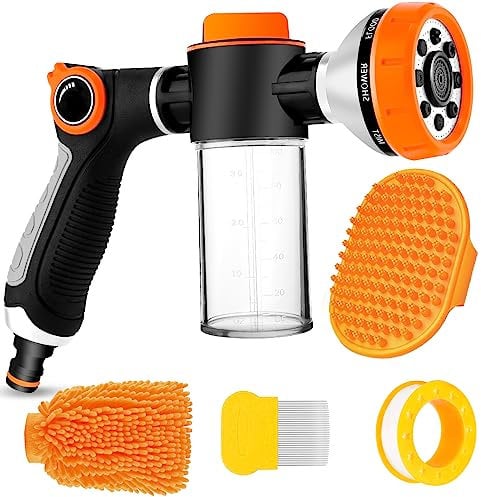 Upgrade Pup Jet Dog Wash, Dog Wash Hose Attachment with Soap Dispenser, Dog Bath Hose Attachment with Pet Bath Brush Car Wash Mitt and Dog Comb for Watering Plants, Lawn, Showering Pet
