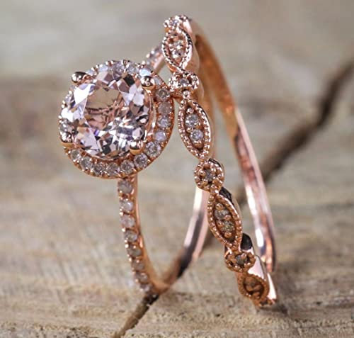 ASFKIPMF 18K Rose Gold Ring Set Pink Elegant Morganite Cubic Zirconia Two-in-One Halo Wedding Engagement Promise Eternity Ring for Women AAAAA CZ Halo Wedding Bridal Ring Size O