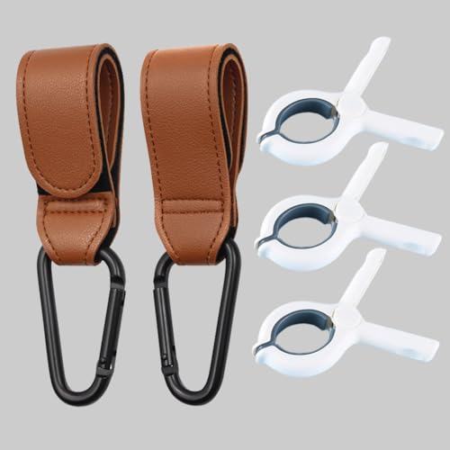 Buggy Clips für Kinderwagen, Kinderwagen Haken mit Metall Clips für Wickeltaschen Rucksack, 3 Stück Universal Heringe für Spielzeug, Handtücher, Musselin Decke, Kleidung (2 Lederhaken)