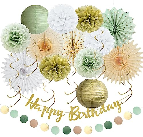 Geburtstagsdeko Grün Gold Deko Geburtstag Salbeigrün Party Deko Geburtstag Grün Gold Mädchen Geburtstagsdeko Frauen Salbeigrün Pompons Salbei Gold Weiß mit Happy Birthday Banner