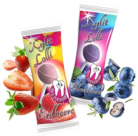 Xylit Birkenzucker Lolli MIX | 50 Stk x 6g | Keine Chance für Karies: zuckerfreier & veganer Zahnpflege Lollipop | Mix Erdbeere & Blaubeere