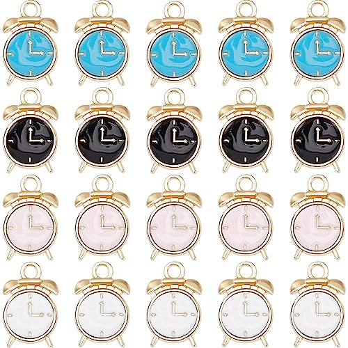 SUNNYCLUE 1 Box 40 Stück Uhr Charms Große Emaille Wecker Charms Mini Lebensechte Miniatur Zeituhr Charms Schwarz Weiße Legierungs Charms Für Die Schmuckherstellung Charms DIY Halsketten Ohrringe Armbä