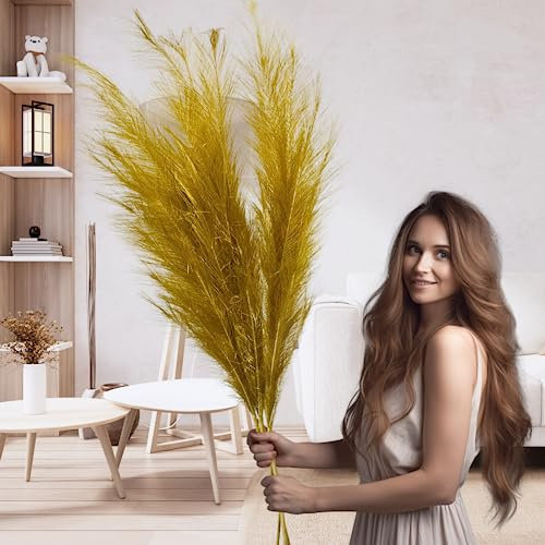 Large Gold Pampas Grass For Bedroom Decor Faux Artificial Pampas Grass Tall For Gold Vase Floor Vase Fake Pampas Plant Gold Living Room Accessories Ornaments Gold Feathers 3 Stems