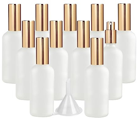 LusDoly Pack of 12, Empty 100ml Frosted Transparent Glass Fine Mist Atomiser Bottles with Gold Sprayer Water Spray Bottles Perfume, Aromatherapy, Cosmetic Travel Containers 2x Funnel
