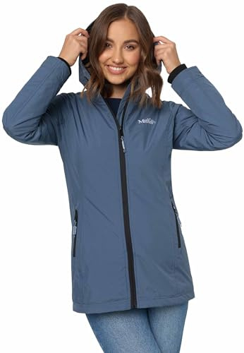 MARIKOO Übergangsjacke Damen (XS-XXL) - Atmungsaktiv, Innen Samtweicher Stoff, Kapuze, Winddicht - leichte Jacke lang - Stehkragen, 3 Taschen, verlängerter Zipper