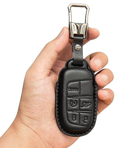 Für Jeep Schlüsselanhänger Abdeckung mit Zinklegierung Schlüsselanhänger, 5 Tasten 4D Echtleder Schlüsselschalen Schwarz Schlüsselanhänger Abdeckung Kompatibel mit Jeep Grand Cherokee Compass Renegade