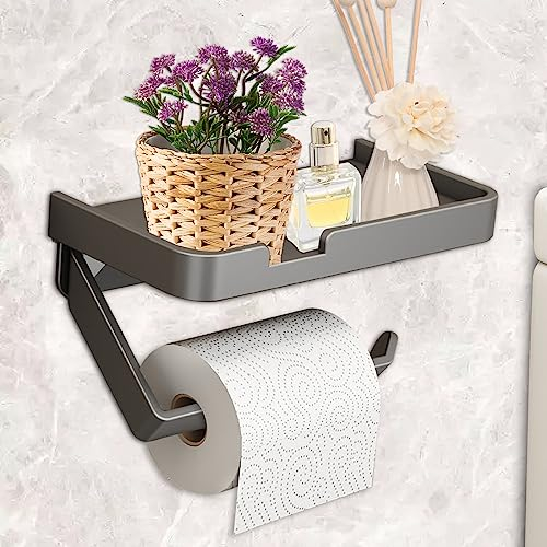 Phantasy® Porte-rouleau de papier toilette, sans perçage, gris, avec étagère, pour cuisine et salle de bain, oblique