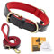 Furry Friends Hundehalsband Leder mit Leine, Gepolstert lederhalsband und Leine Set, Robust, Hundehalsband für den mittleren und kleinen Hund(M- 35-45cm, Schwarz Rot)