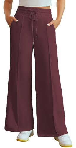 Dokotoo Palazzo Hose Damen Jogginghose Baggy Lang Aktive Freizeithose High Waist Einfarbig Hosen mit Taschen Kordelzug Outdoor Lässige Elastisch Stoffhose Rot S