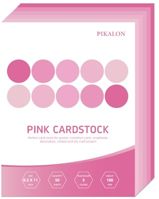Pikalon 50 Blatt rosa Karton, 21,6 x 27,9 cm, 5 Farben, sortiert, farbiges Kartonpapier, 180 g/m², perfekt für Bastelarbeiten, Scrapbooking, Dekoration, Kartenhandwerk (Rosa)